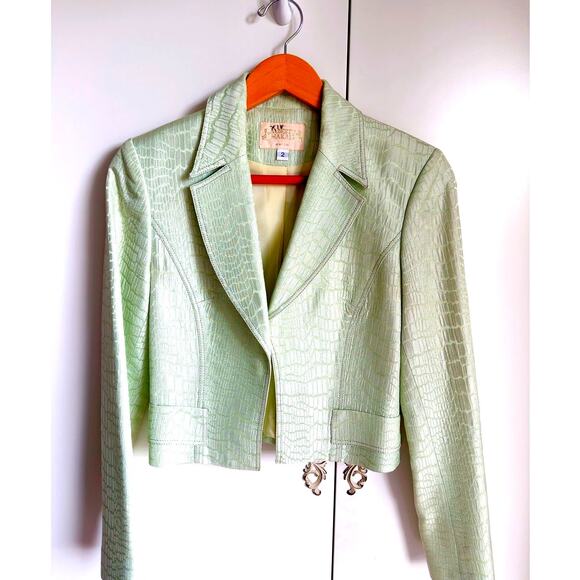 Vintage 90s Alberto Makali Bolero Jacket Pastel Green Cropped Suit Jacket Size 2 - Picture 2 of 12